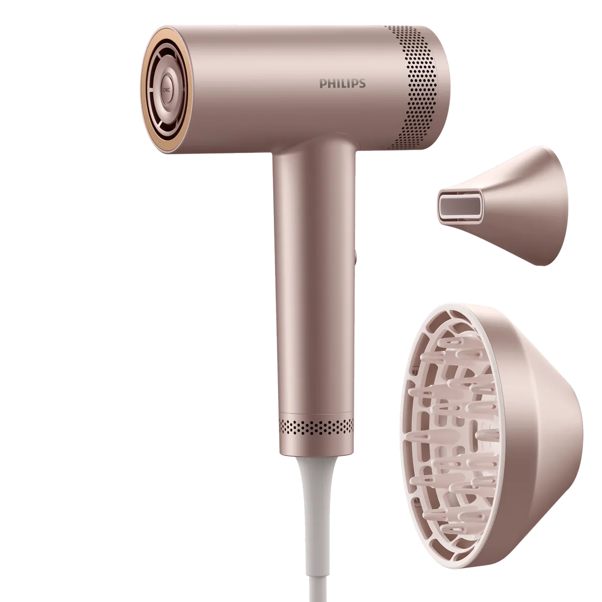 Фен Philips Серија 8000 BHD837/00 во боја Rose Champagne со концентратор и дифузер